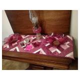 Quilted runner, lamp and glassware