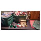 totes, lids, Christmas wrap, ribbon, misc