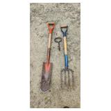 bale hook, potato fork, shovel