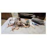 two wood duck decoys, plastic decoy, carved birds