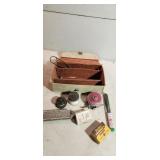 box and fishing items, sinker mold