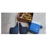 cooler, jumper cables, mud flaps
