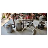 crate, grinder, coffee pots