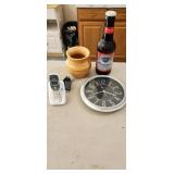wood bowl, glass Budweiser bottle