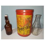 popcorn tin, Groelsch beer, milk bottle