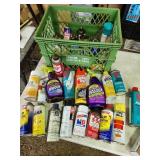 crate, oils, sprays, garage items