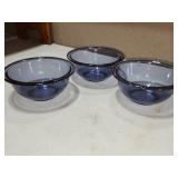 three cobalt blue Pyrex mixing bowls
