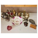 wood cigarette case, mirror, plate, candle holders
