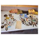 pens, knives, tins, vtg trinkets