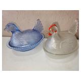 2 glass chicken candy dishes