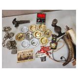ash trays, brass bung, odds and ends