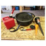 oil catch pan, funnels, gas can