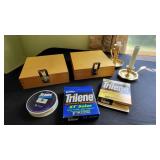 fishing line, wood boxes, candle holders