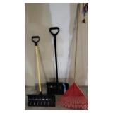 snow shovels, rake