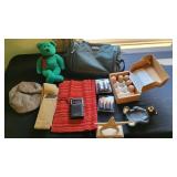bear ashtray, stocking holder, candles