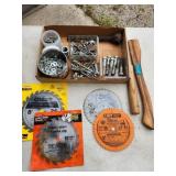 axe handle, bolts, saw blades,