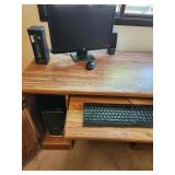 computer, monitor, speakers, keyboard