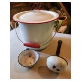 enamelware pot, lid, ladles