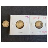 3- silver US dimes, 1891, 1942, 1952