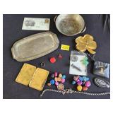 plated silver tray, copper pan, odds and ends