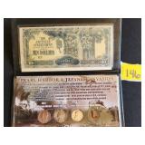 Japanese Government bill, WWII coins