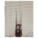 Fishing rod storage rack with assorted rods and