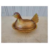 Vintage Carnival glass hen on nest 7 in covered