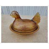 Vintage Carnival glass hen on nest 7 in covered