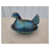 Vintage Carnival iridescent glass hen on nest 7
