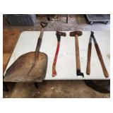 ASSORTED HAND TOOLS - SCOOP SHOVEL, AXE, PRUNING