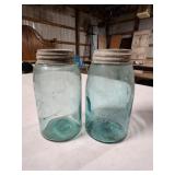 2 ANTIQUE VINTAGE BALL BLUE GLASS QUART JARS