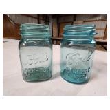 2 ANTIQUE VINTAGE BALL BLUE GLASS PINT JARS
