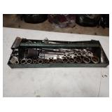 METAL TOOL TRAY AND ASSORTED SOCKETS, EXTENSIONS,