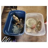 Two totes assorted vintage glassware, etc