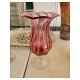 Vintage pink glass 10.5-in stemmed vase, Vintage pink glass 10.5-in stemmed vase,