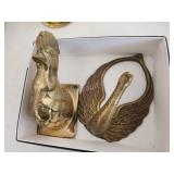 2 vintage brass towel holders, chicken and 2 vintage brass towel holders, chicken and