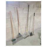 Assorted garden and leaf rakes, cultivator Assorted garden and leaf rakes, cultivator