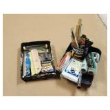 2 paint trays with assorted painting supplies