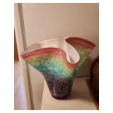 Decorative art glass hand blown fluted bowl, 12 x