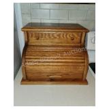 Solid oak bread box with storage drawer