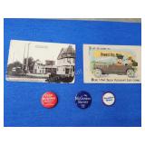 Assorted vintage postcards and political pins Assorted vintage postcards and political pins