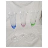 Vintage set of three etched colored stemmed Vintage set of three etched colored stemmed