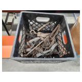 Milk crate of assorted Fox and coyote foot traps Milk crate of assorted Fox and coyote foot traps