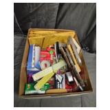 Box of assorted office supplies- envelopes,
