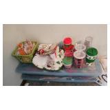2 totes misc Christmas decorations and wrap paper
