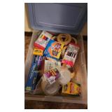 Tote of miscellaneous tape, crayons, colored