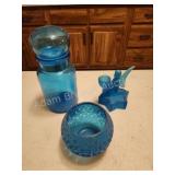 3 pieces vintage turquoise blue glassware