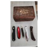 Small wooden ornï¿½te box with 5 knives
