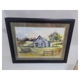 3 vintage framed watercolor barn paintings by