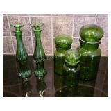 5 pieces vintage Green Glass apothecary bottles